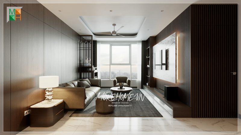 Phòng khách chung cư nội thất thiết kế đơn giản hiện đại nhưng không kém phần sang trọng tiện nghi bởi đây là không gian chính trong ngôi nhà thể hiện tính cách gu thẩm mỹ của gia chủ