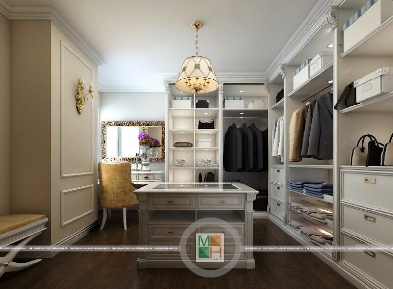 Nội thất của phòng thay đồ căn hộ chung cư Mandarin được thiết kế với tông màu trắng làm nổi bật.